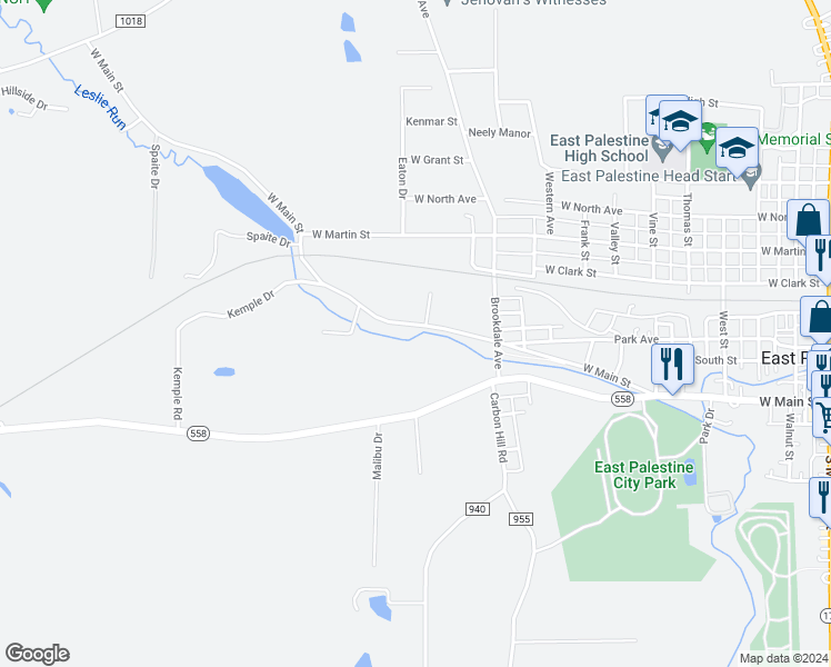 map of restaurants, bars, coffee shops, grocery stores, and more near 873 West Main Street in East Palestine