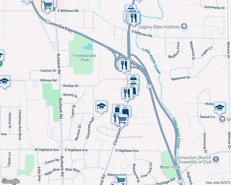map of restaurants, bars, coffee shops, grocery stores, and more near 685 Ridgewood Drive in Wooster