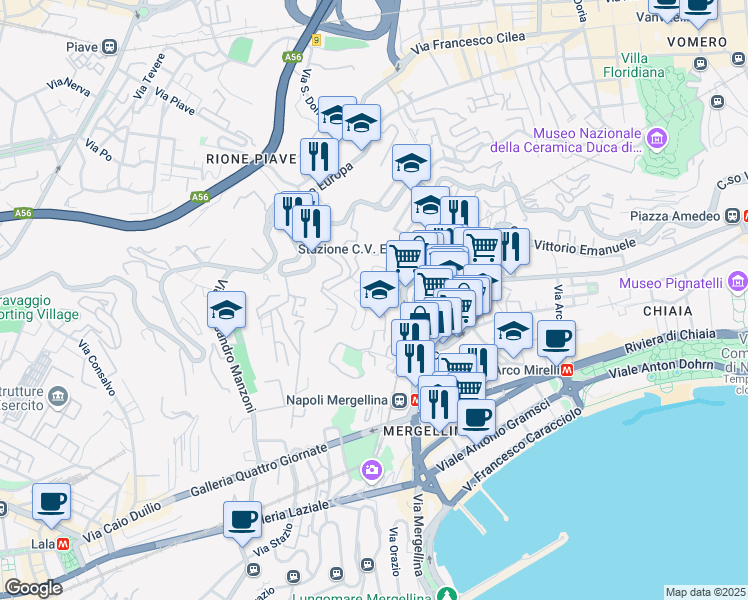 map of restaurants, bars, coffee shops, grocery stores, and more near 9 Via Privata del Parco Comola Ricci in Napoli