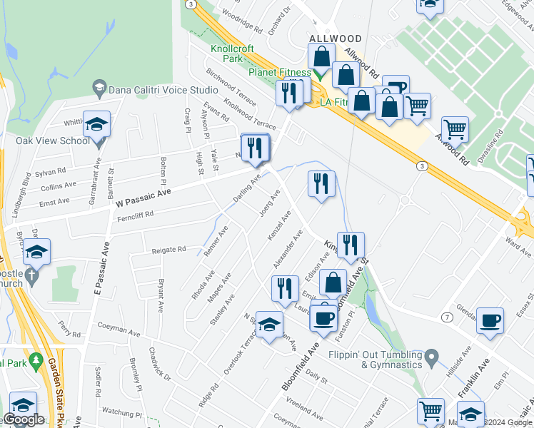map of restaurants, bars, coffee shops, grocery stores, and more near 38 Joerg Avenue in Nutley