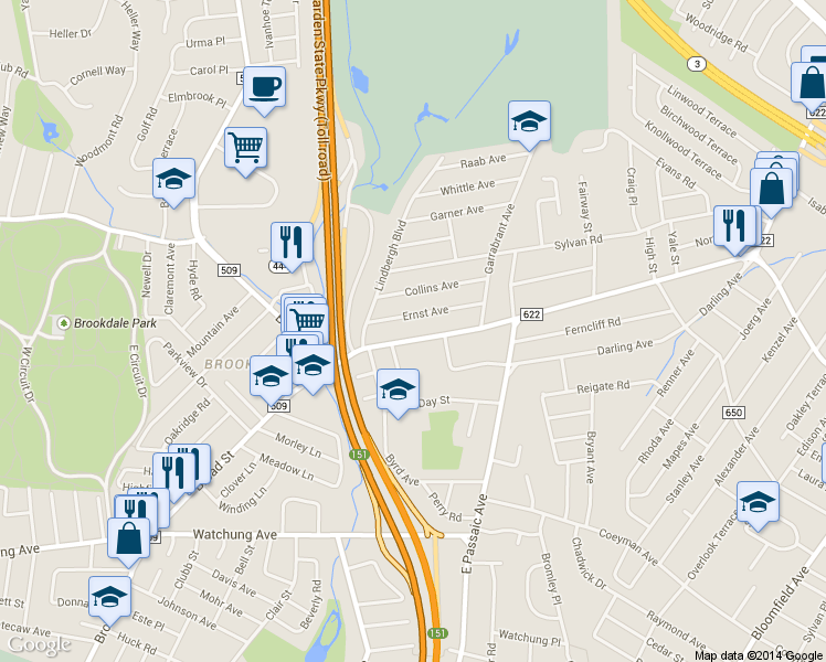 map of restaurants, bars, coffee shops, grocery stores, and more near 96 W Passaic Ave in Bloomfield