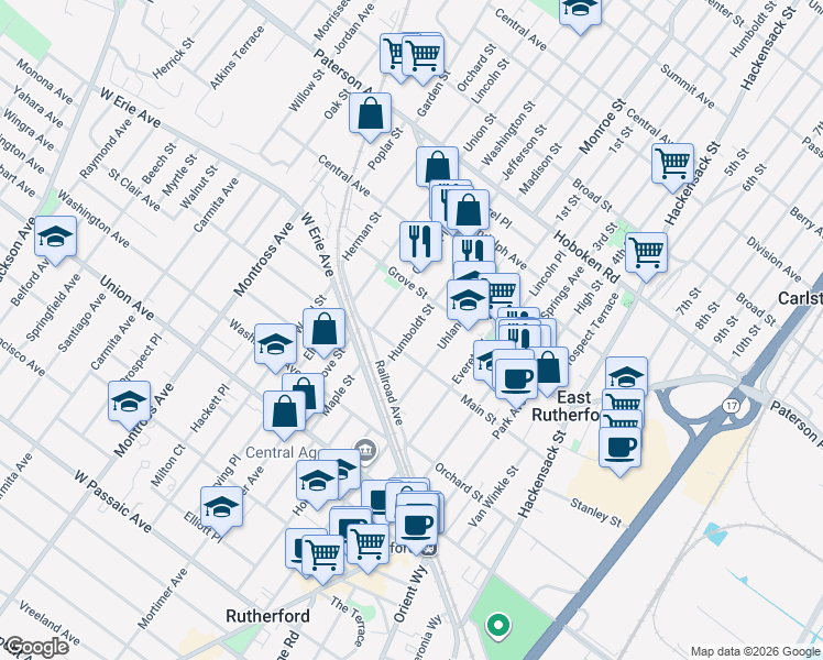 map of restaurants, bars, coffee shops, grocery stores, and more near 136 Humboldt St in East Rutherford
