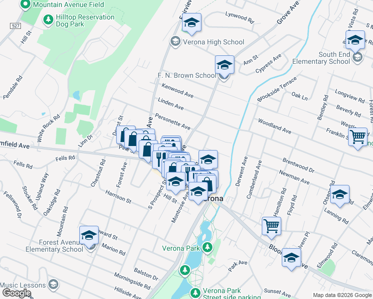 map of restaurants, bars, coffee shops, grocery stores, and more near 43 Grove Avenue in Verona