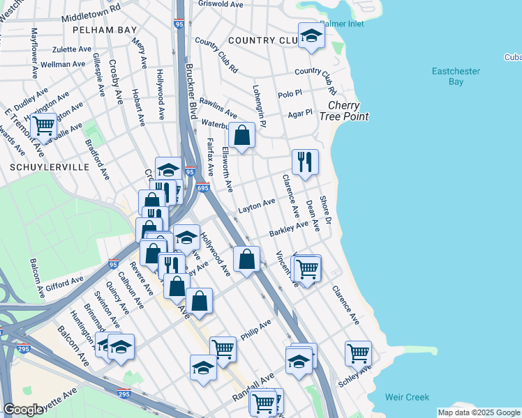 map of restaurants, bars, coffee shops, grocery stores, and more near 3184 Layton Avenue in Bronx