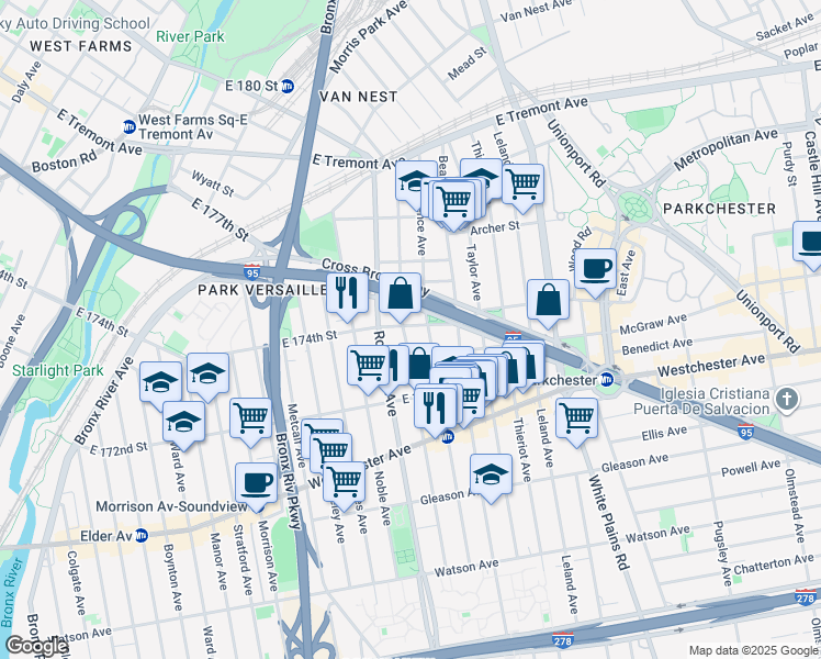 map of restaurants, bars, coffee shops, grocery stores, and more near 1351 Commonwealth Avenue in Bronx