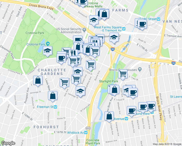 map of restaurants, bars, coffee shops, grocery stores, and more near in The Bronx