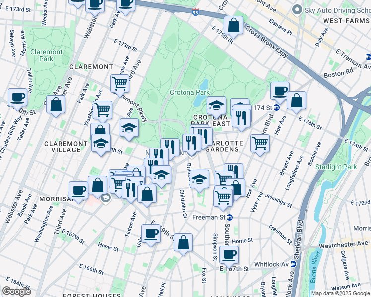 map of restaurants, bars, coffee shops, grocery stores, and more near 1420 Crotona Park South in The Bronx