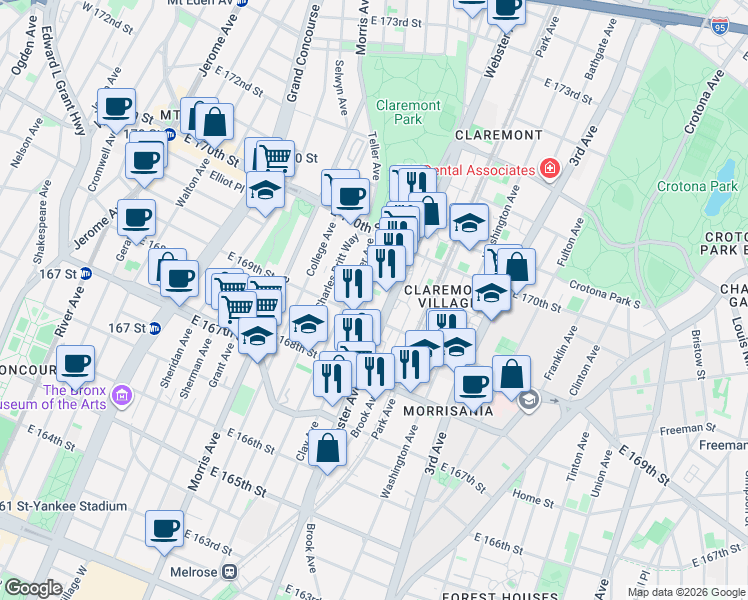 map of restaurants, bars, coffee shops, grocery stores, and more near in The Bronx