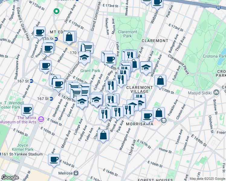 map of restaurants, bars, coffee shops, grocery stores, and more near in The Bronx