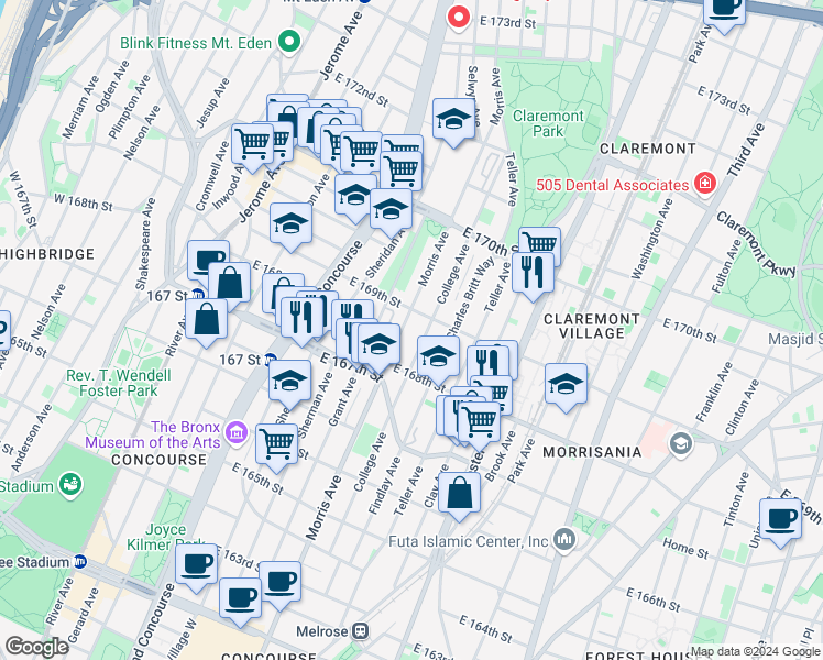 map of restaurants, bars, coffee shops, grocery stores, and more near in The Bronx