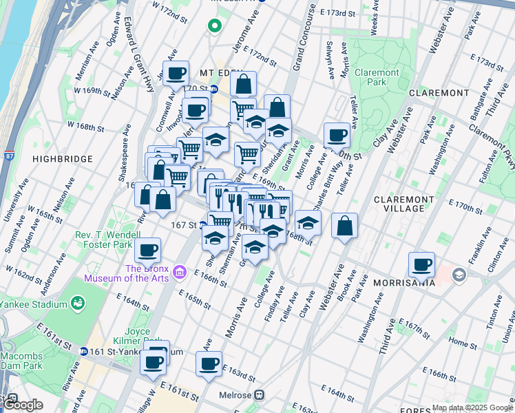 map of restaurants, bars, coffee shops, grocery stores, and more near in The Bronx