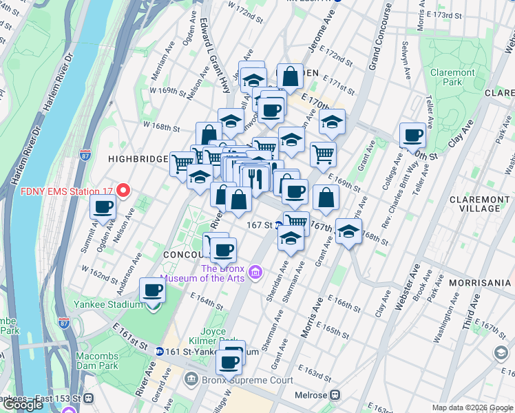 map of restaurants, bars, coffee shops, grocery stores, and more near in The Bronx