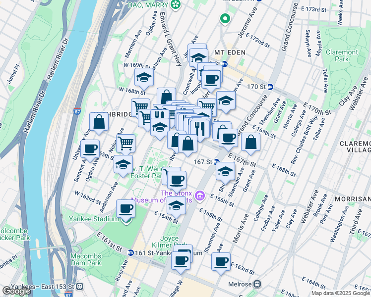 map of restaurants, bars, coffee shops, grocery stores, and more near 1166 River Avenue in The Bronx