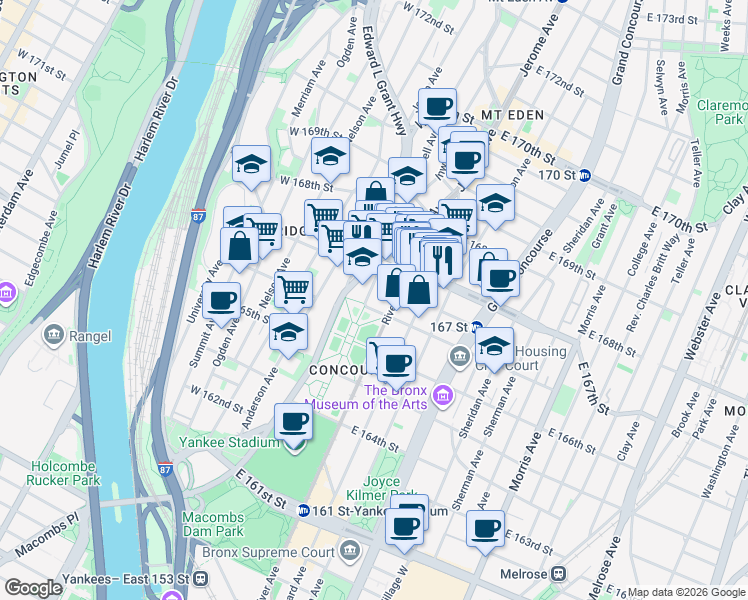 map of restaurants, bars, coffee shops, grocery stores, and more near in Bronx