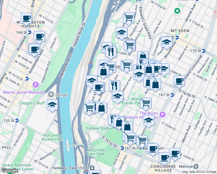 map of restaurants, bars, coffee shops, grocery stores, and more near in The Bronx