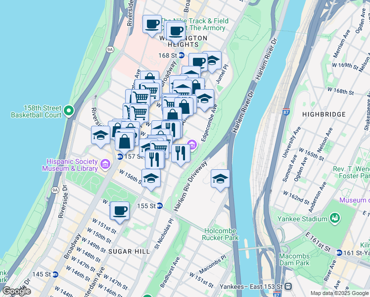 map of restaurants, bars, coffee shops, grocery stores, and more near 1000 Saint Nicholas Avenue in New York
