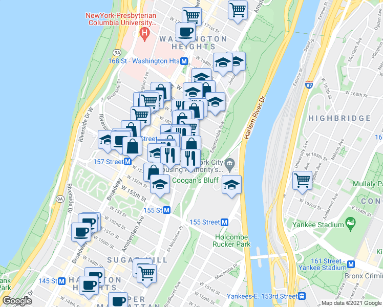 map of restaurants, bars, coffee shops, grocery stores, and more near 1000 Saint Nicholas Avenue in New York