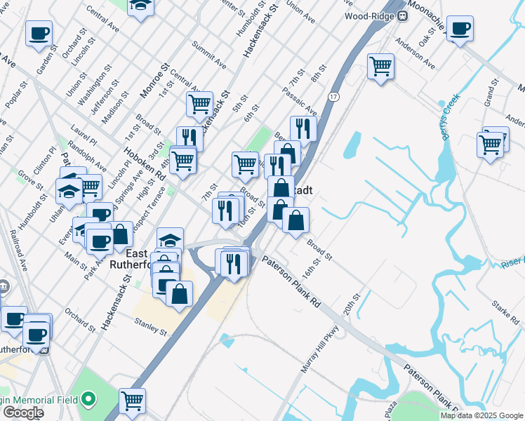map of restaurants, bars, coffee shops, grocery stores, and more near 333 10th Street in Carlstadt