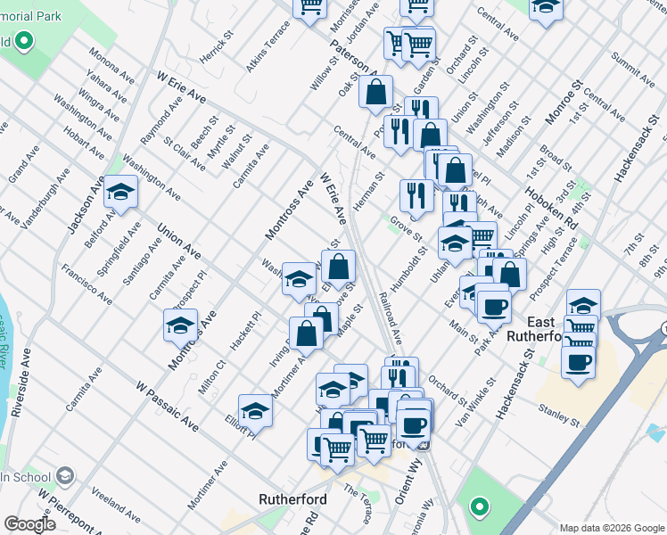 map of restaurants, bars, coffee shops, grocery stores, and more near 11 Elm Street in Rutherford