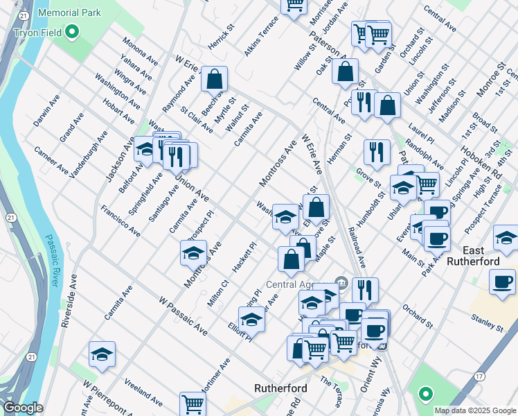 map of restaurants, bars, coffee shops, grocery stores, and more near 105 Montross Avenue in Rutherford