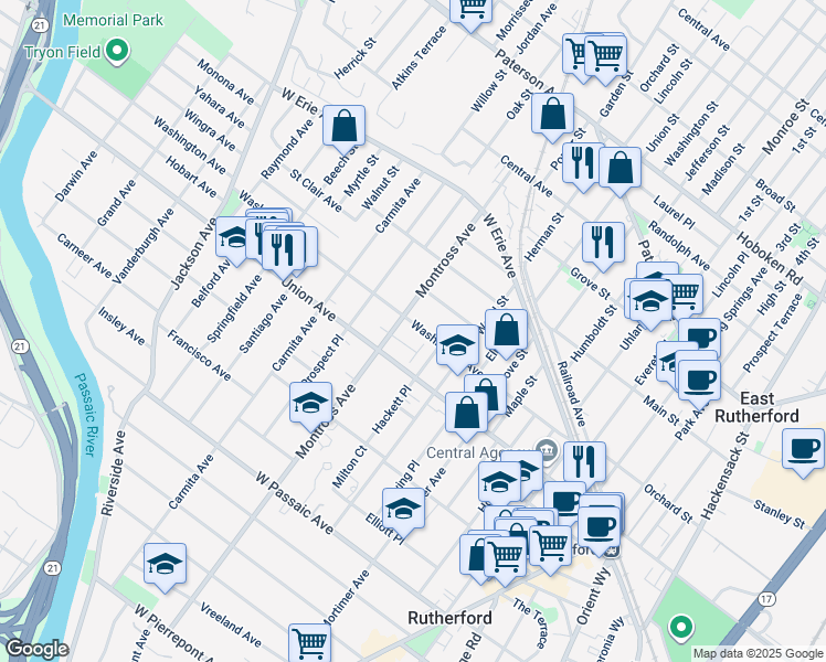 map of restaurants, bars, coffee shops, grocery stores, and more near 105 Montross Avenue in Rutherford