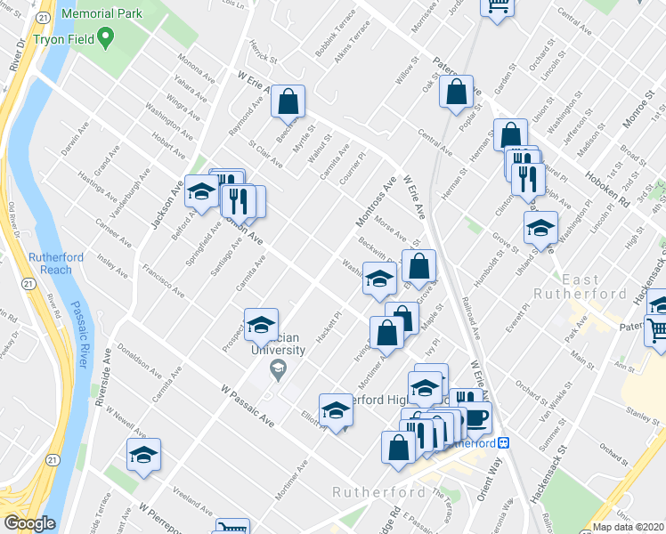 map of restaurants, bars, coffee shops, grocery stores, and more near 105 Montross Avenue in Rutherford