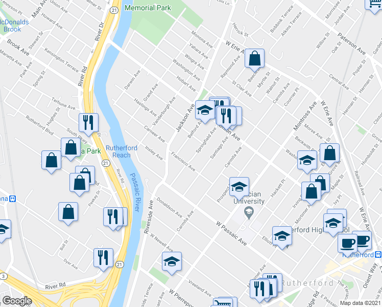 map of restaurants, bars, coffee shops, grocery stores, and more near 200 Springfield Avenue in Rutherford