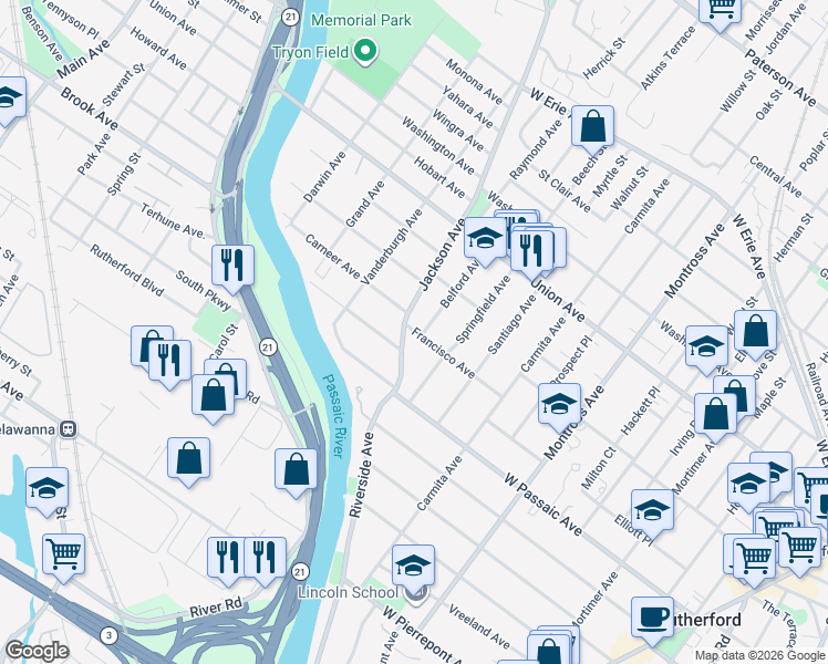map of restaurants, bars, coffee shops, grocery stores, and more near 137 Francisco Avenue in Rutherford