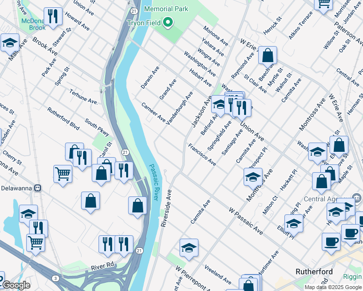 map of restaurants, bars, coffee shops, grocery stores, and more near 27 Insley Avenue in Rutherford