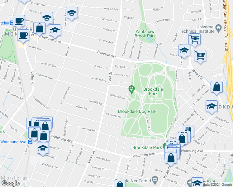 map of restaurants, bars, coffee shops, grocery stores, and more near 57 Wildwood Avenue in Montclair