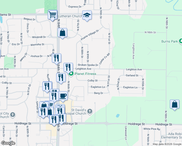 map of restaurants, bars, coffee shops, grocery stores, and more near 8840 Garland Street in Lincoln