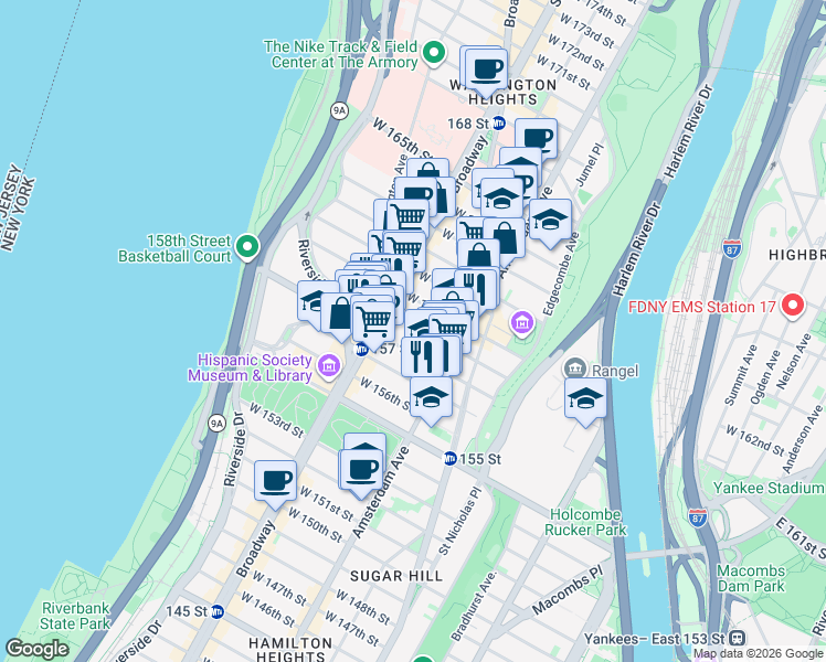 map of restaurants, bars, coffee shops, grocery stores, and more near 536 West 159th Street in New York