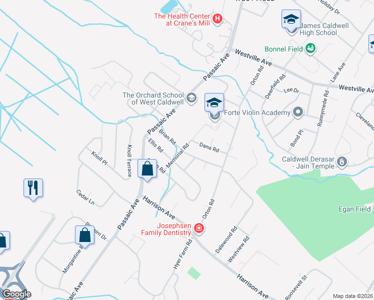 map of restaurants, bars, coffee shops, grocery stores, and more near 30 Memorial Road in West Caldwell
