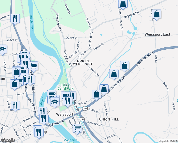 map of restaurants, bars, coffee shops, grocery stores, and more near 118 Franklin Road in Lehighton