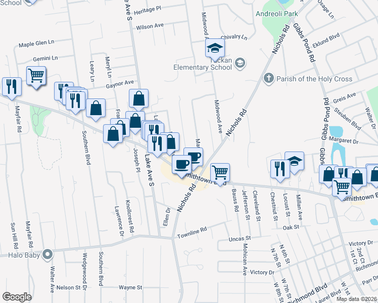 map of restaurants, bars, coffee shops, grocery stores, and more near 14 Roosevelt Avenue in Nesconset
