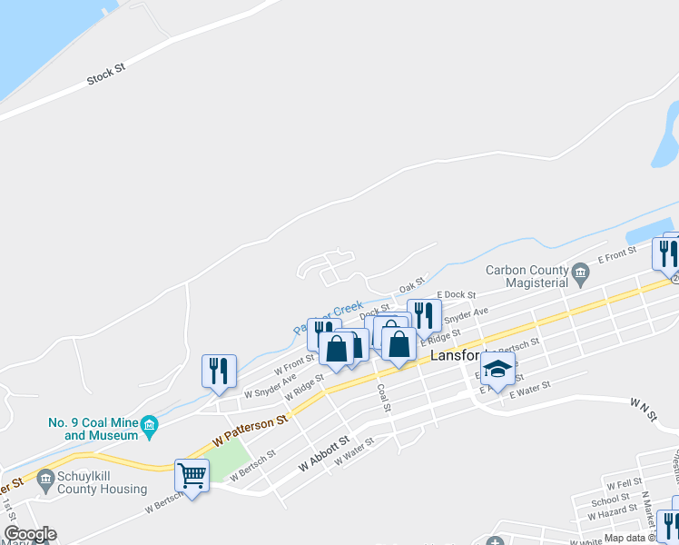 map of restaurants, bars, coffee shops, grocery stores, and more near 2 Edgemont Road in Lansford