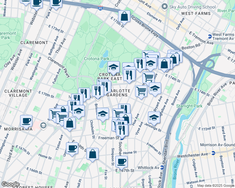 map of restaurants, bars, coffee shops, grocery stores, and more near 1545 Charlotte Street in Bronx