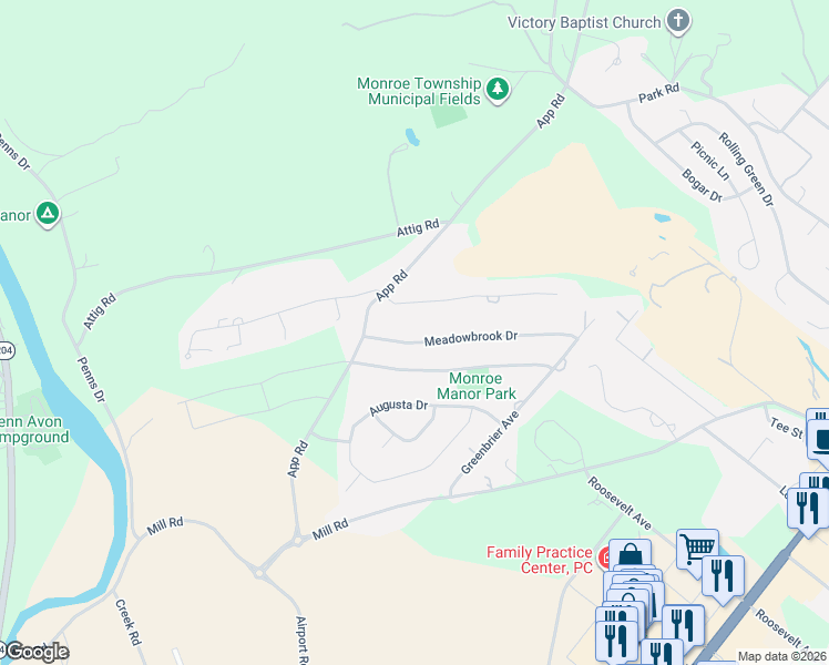 map of restaurants, bars, coffee shops, grocery stores, and more near 7-9 Meadowbrook Drive in Snyder County