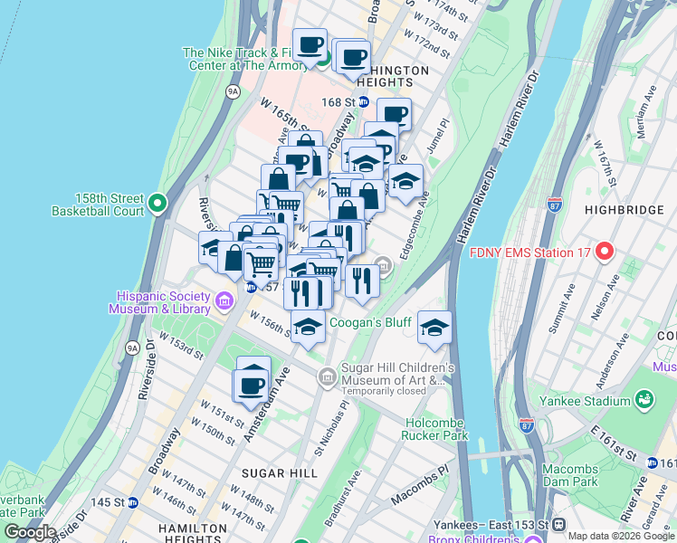 map of restaurants, bars, coffee shops, grocery stores, and more near Amsterdam Ave & W 160th St in New York