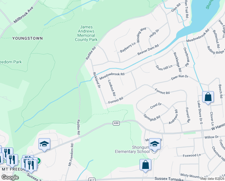 map of restaurants, bars, coffee shops, grocery stores, and more near 10 Lookout Road in Randolph