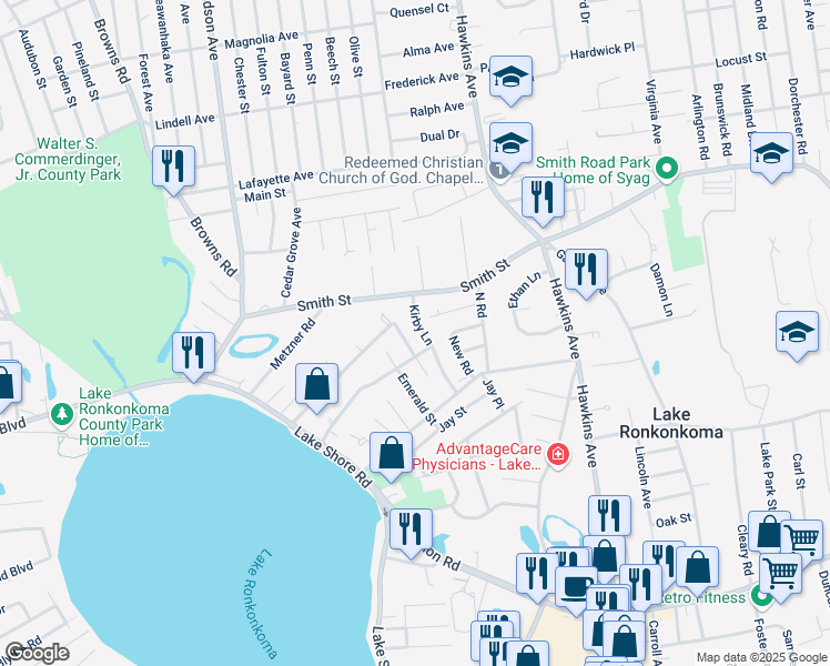 map of restaurants, bars, coffee shops, grocery stores, and more near 20 Kirby Lane in Lake Ronkonkoma