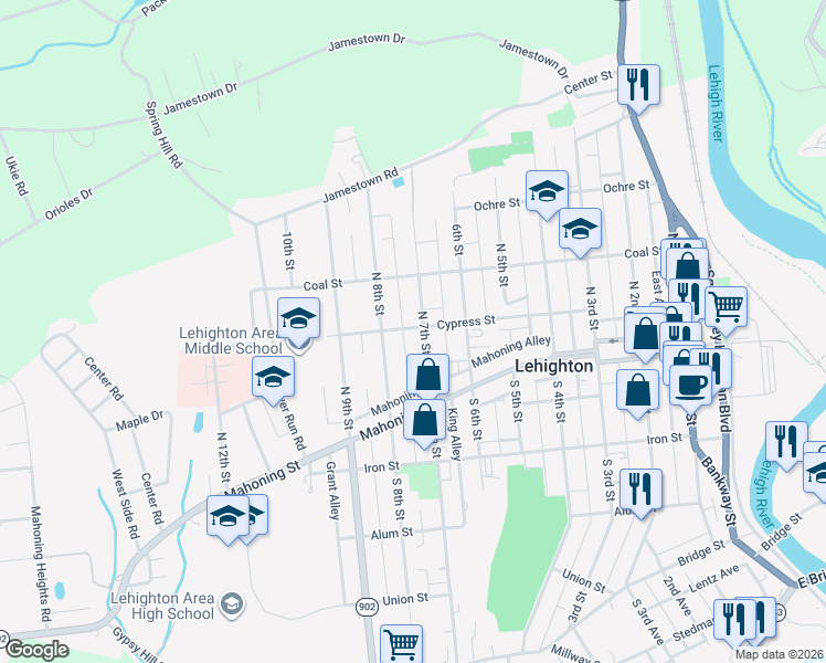 map of restaurants, bars, coffee shops, grocery stores, and more near Cypress Street in Lehighton
