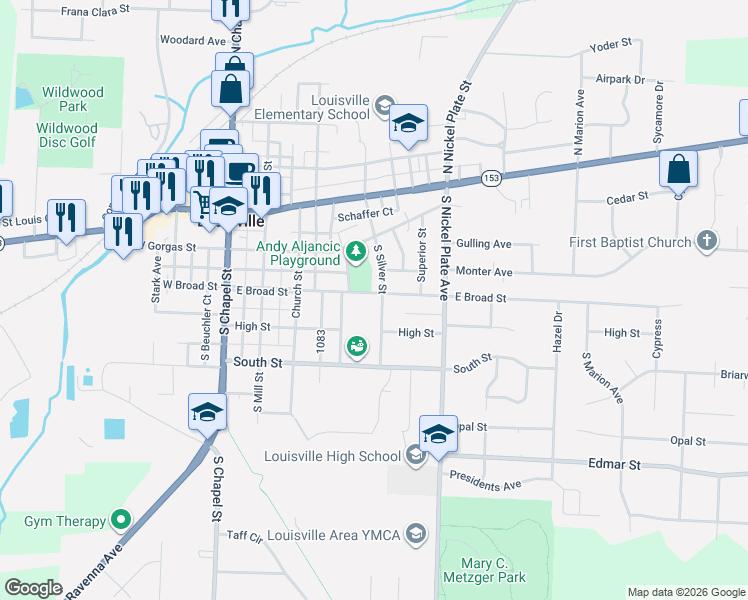 map of restaurants, bars, coffee shops, grocery stores, and more near 515 South Silver Street in Louisville