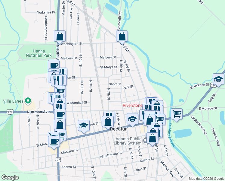 map of restaurants, bars, coffee shops, grocery stores, and more near 612 Indiana Street in Decatur