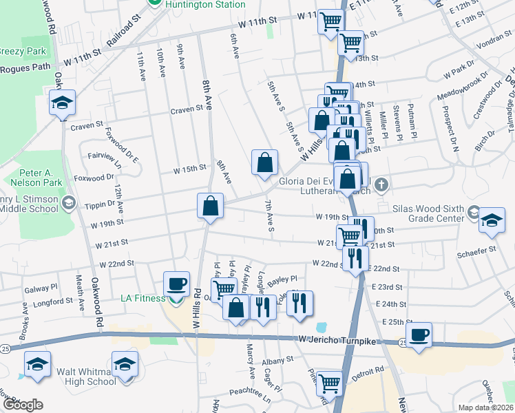 map of restaurants, bars, coffee shops, grocery stores, and more near 90 West 19th Street in Huntington Station