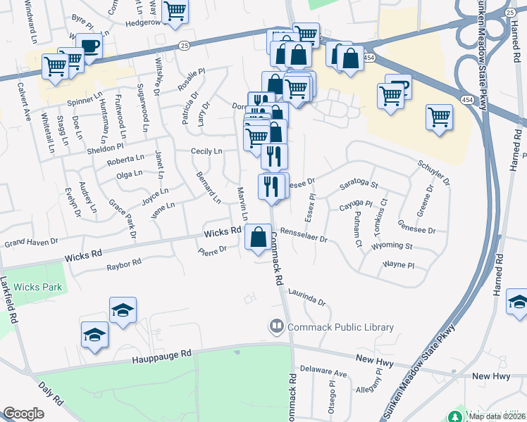 map of restaurants, bars, coffee shops, grocery stores, and more near 351 Commack Road in Commack