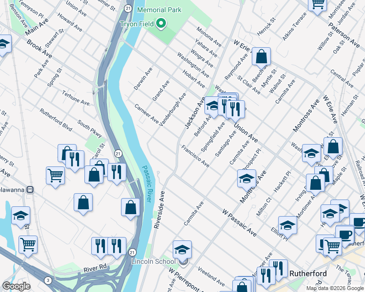 map of restaurants, bars, coffee shops, grocery stores, and more near 137 Francisco Avenue in Rutherford