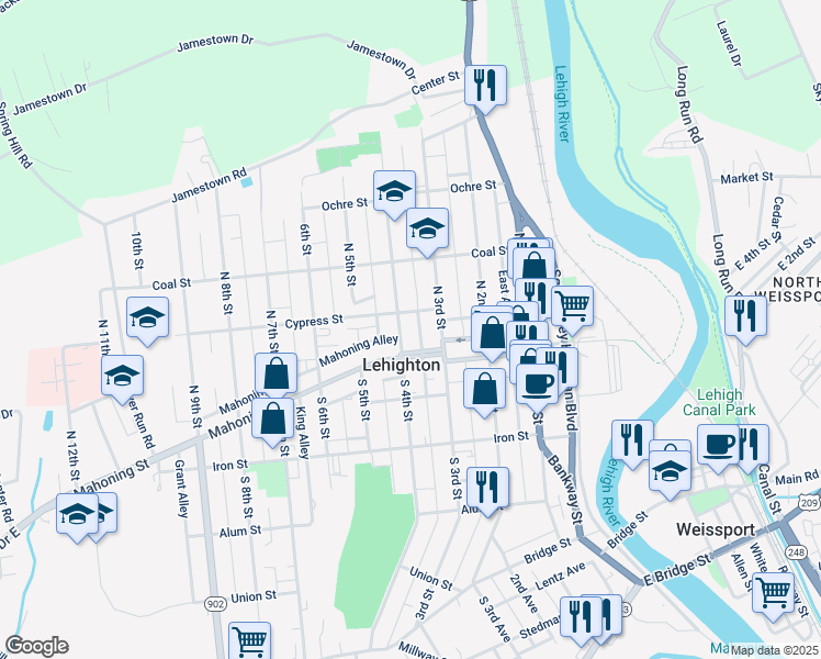 map of restaurants, bars, coffee shops, grocery stores, and more near 125-127 North 4th Street in Lehighton