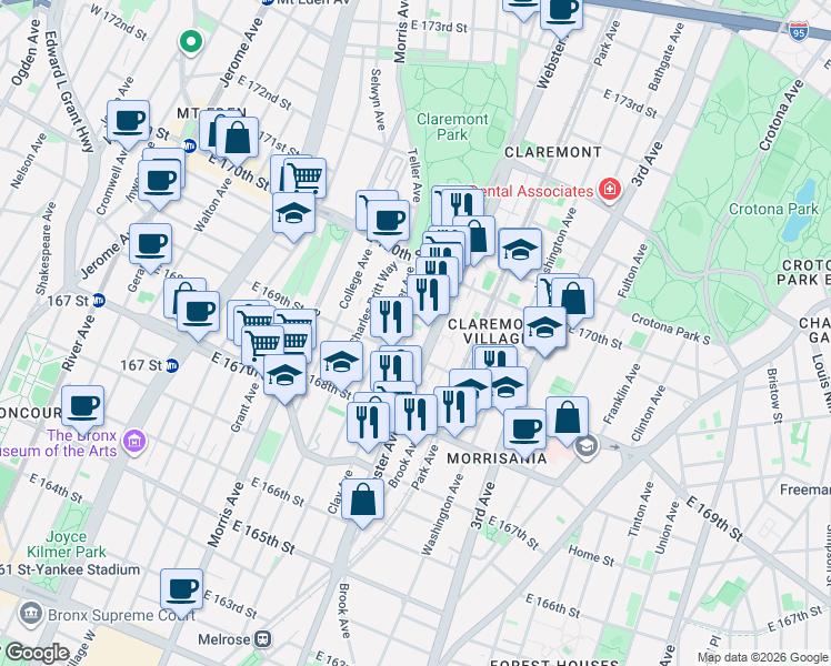 map of restaurants, bars, coffee shops, grocery stores, and more near in The Bronx