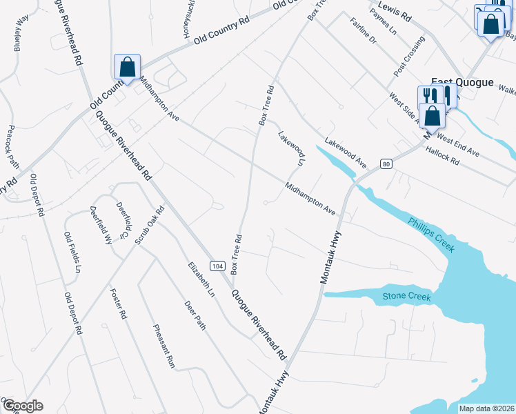 map of restaurants, bars, coffee shops, grocery stores, and more near 18 Woodland Lane in Quogue